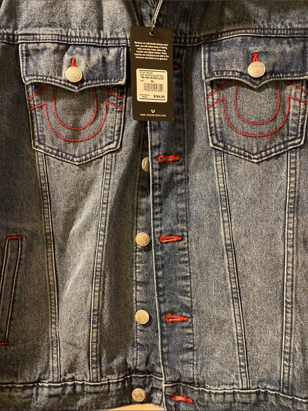 True Religion Cotton Stretch Logo Print Red Thread Blue Denim Jacket NWT
